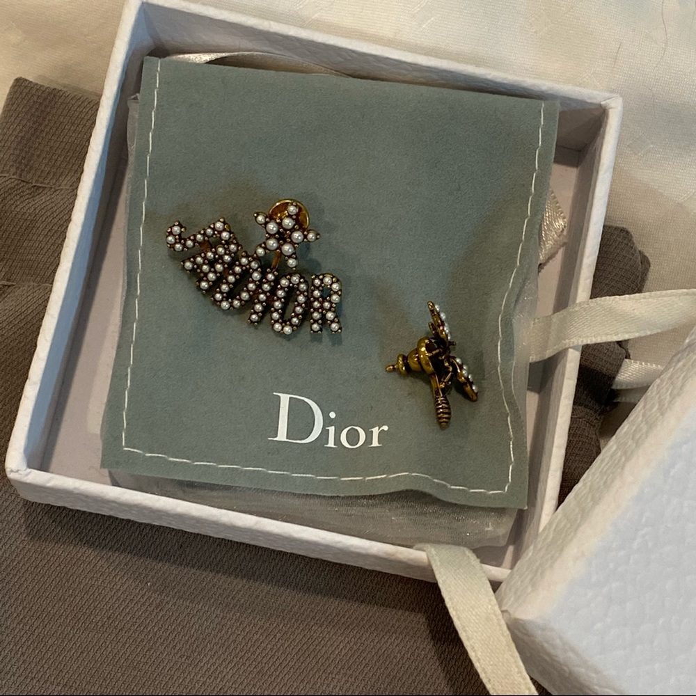 Authentic Dior J’adior pearl bee and logo earrings